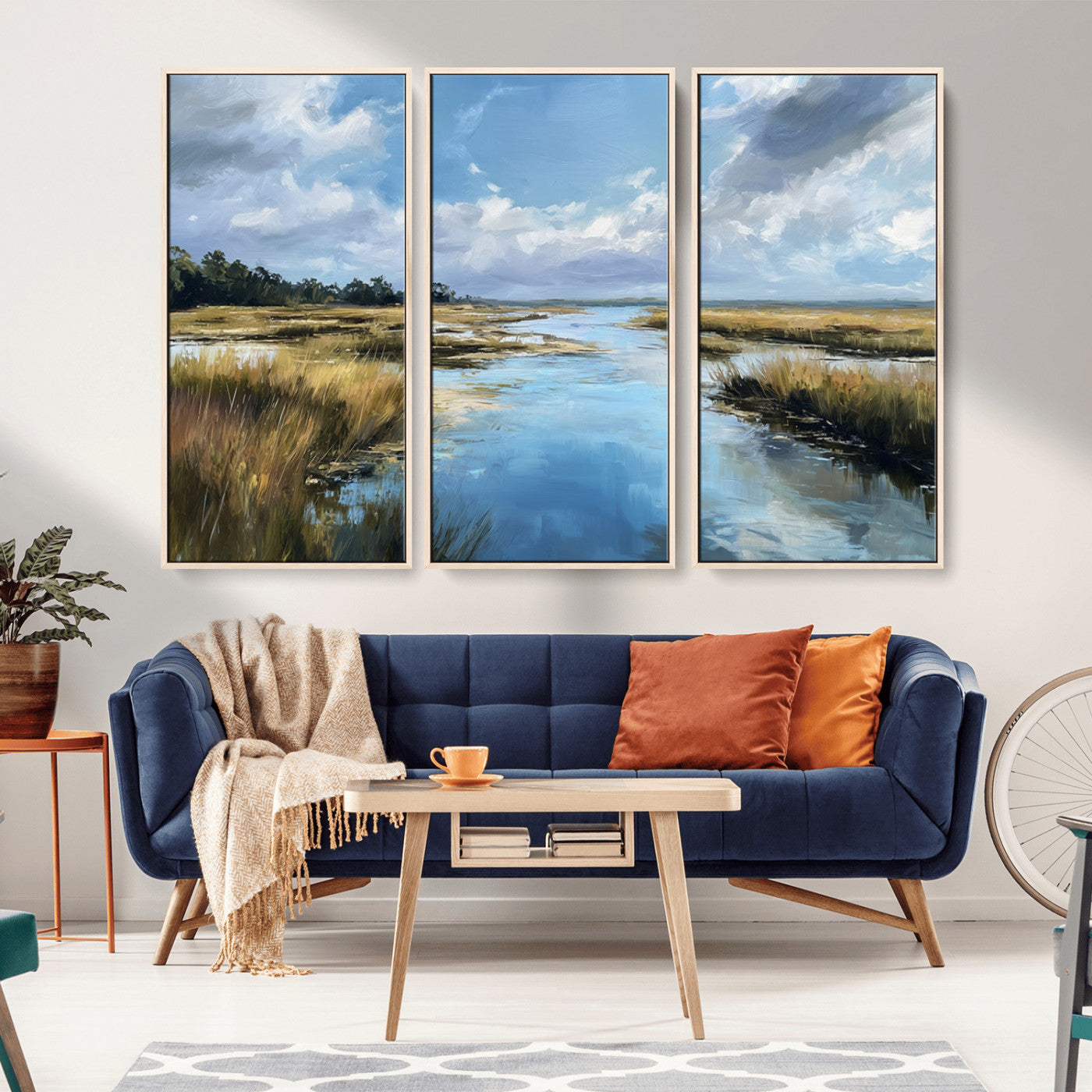 A beautiful, painterly landscape of a calm river winding through a marsh, with vibrant green grasses and a bright blue sky filled with fluffy clouds.
