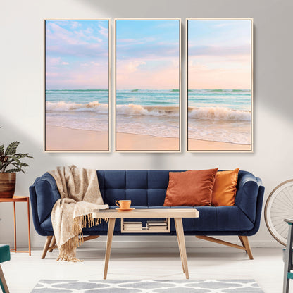 A peaceful beach scene with soft pastel skies, gentle waves washing up on the sandy shore, creating a calm and serene ocean view.
