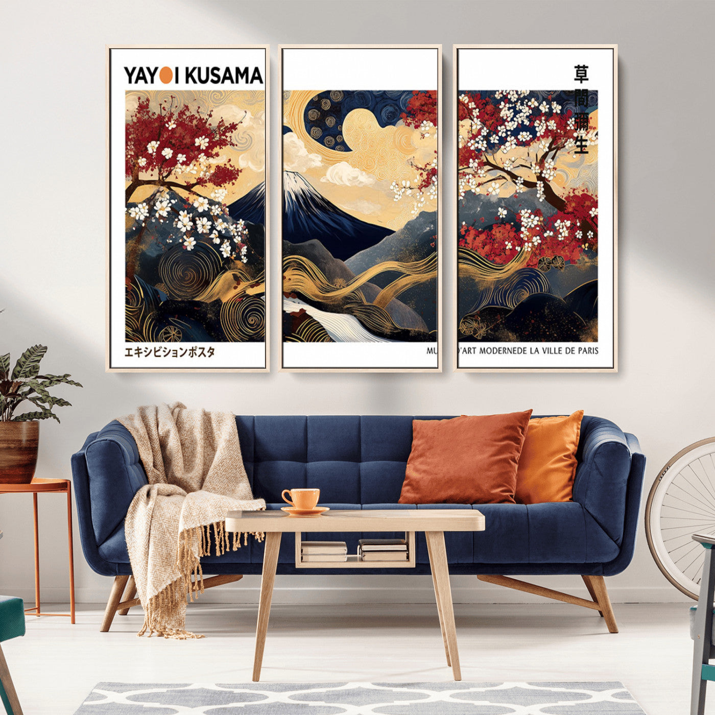 An artwork by Yayoi Kusama featuring Mount Fuji, blooming cherry blossoms, and swirling patterns in a harmonious blend of nature and art.