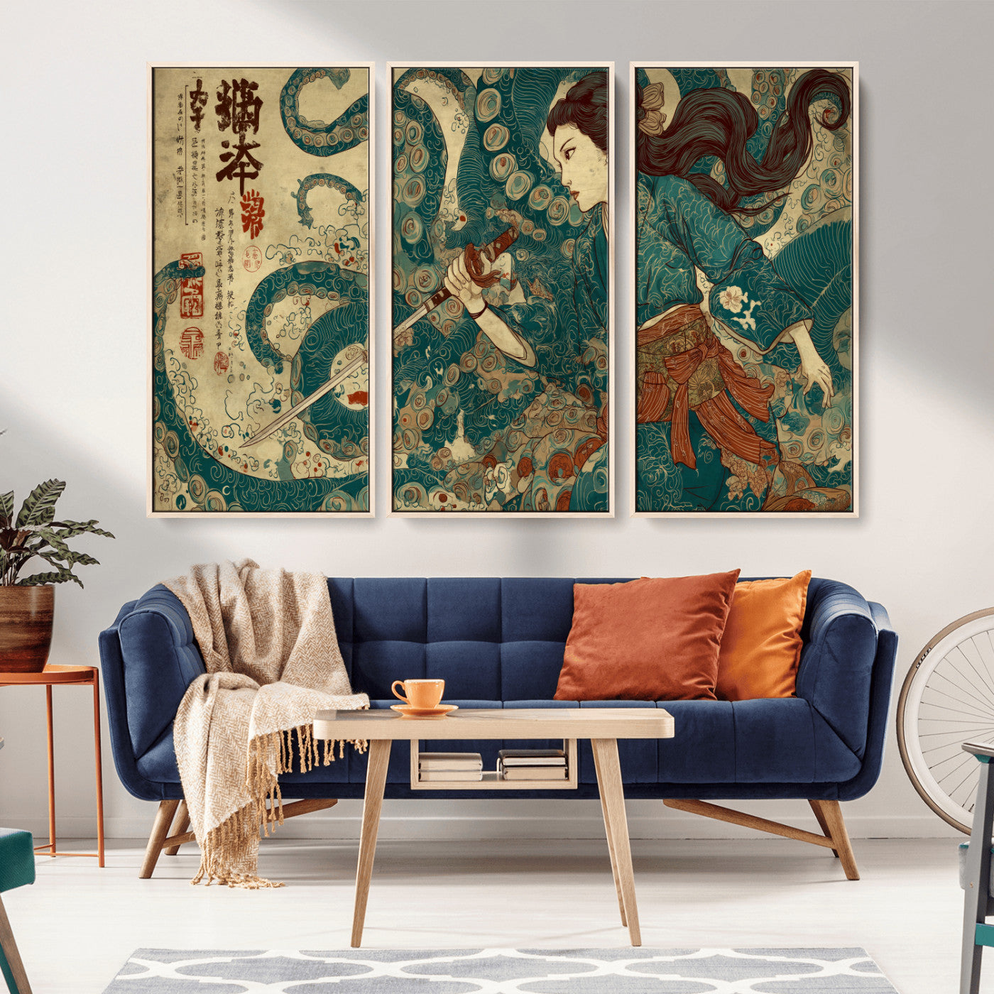Tsukioka Yoshitoshi Samurai Wall Art Print, Japanese Katana Warrior Canvas Wall Art, Octopus Sea Monster Canvas Print,