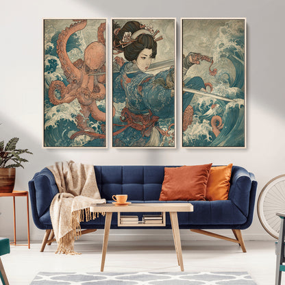 Tsukioka Yoshitoshi Samurai Wall Art Print, Japanese Katana Warrior Canvas Wall Art, Octopus Sea Monster Canvas Print,