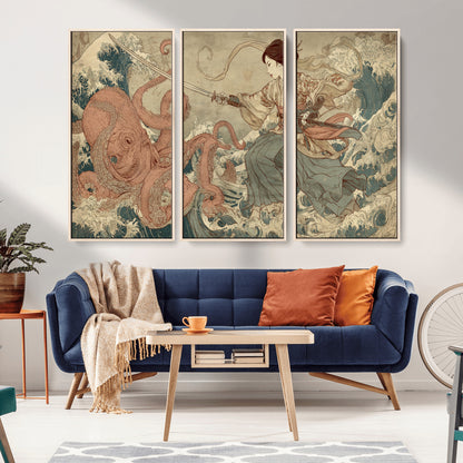 Tsukioka Yoshitoshi Samurai Wall Art Print, Japanese Katana Warrior Canvas Wall Art, Octopus Sea Monster Canvas Print,