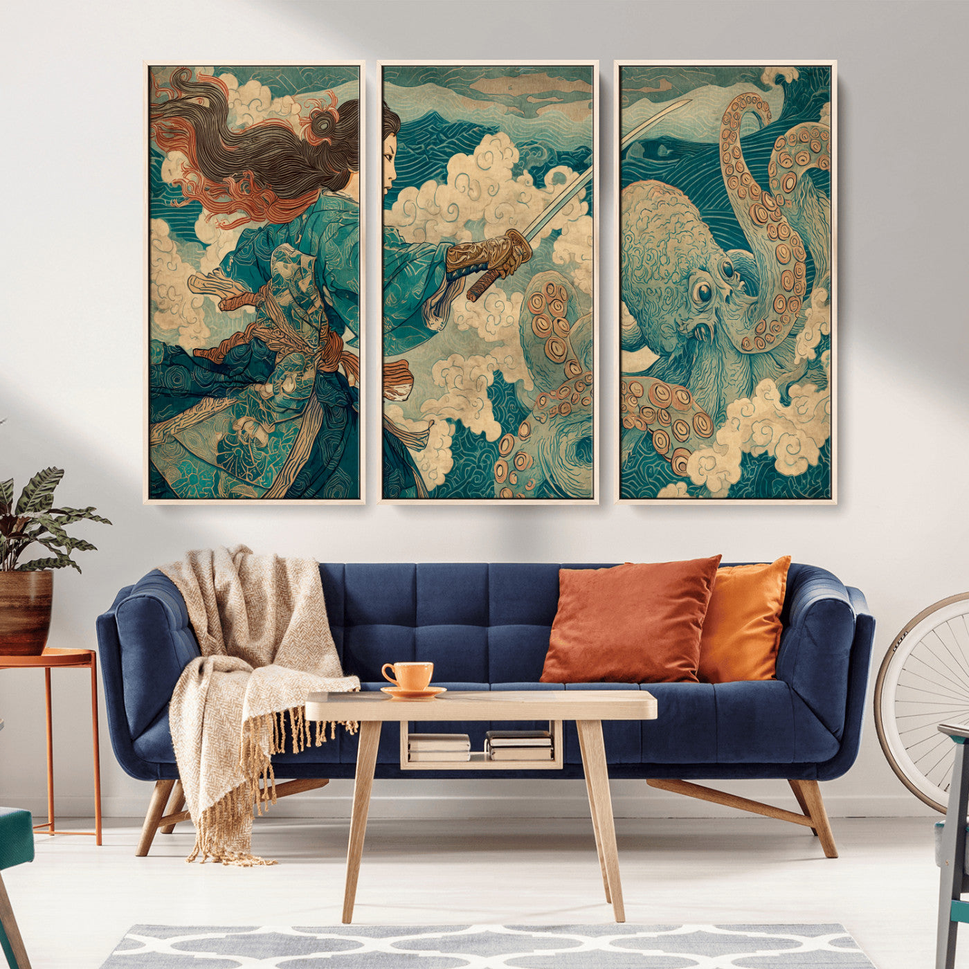 Tsukioka Yoshitoshi Samurai Wall Art Print, Japanese Katana Warrior Canvas Wall Art, Octopus Sea Monster Canvas Print,