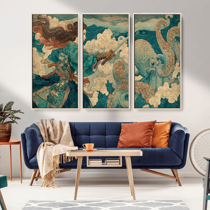 Tsukioka Yoshitoshi Samurai Wall Art Print, Japanese Katana Warrior Canvas Wall Art, Octopus Sea Monster Canvas Print,