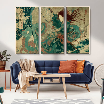 Tsukioka Yoshitoshi Samurai Wall Art Print, Japanese Katana Warrior Canvas Wall Art, Octopus Sea Monster Canvas Print,