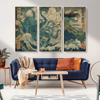 Tsukioka Yoshitoshi Samurai Wall Art Print, Japanese Katana Warrior Canvas Wall Art, Octopus Sea Monster Canvas Print,