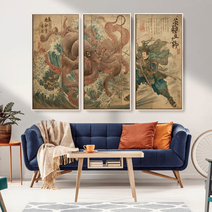 Tsukioka Yoshitoshi Samurai Wall Art Print, Japanese Katana Warrior Canvas Wall Art, Octopus Sea Monster Canvas Print,