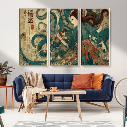 Tsukioka Yoshitoshi Samurai Wall Art Print, Japanese Katana Warrior Canvas Wall Art, Octopus Sea Monster Canvas Print,