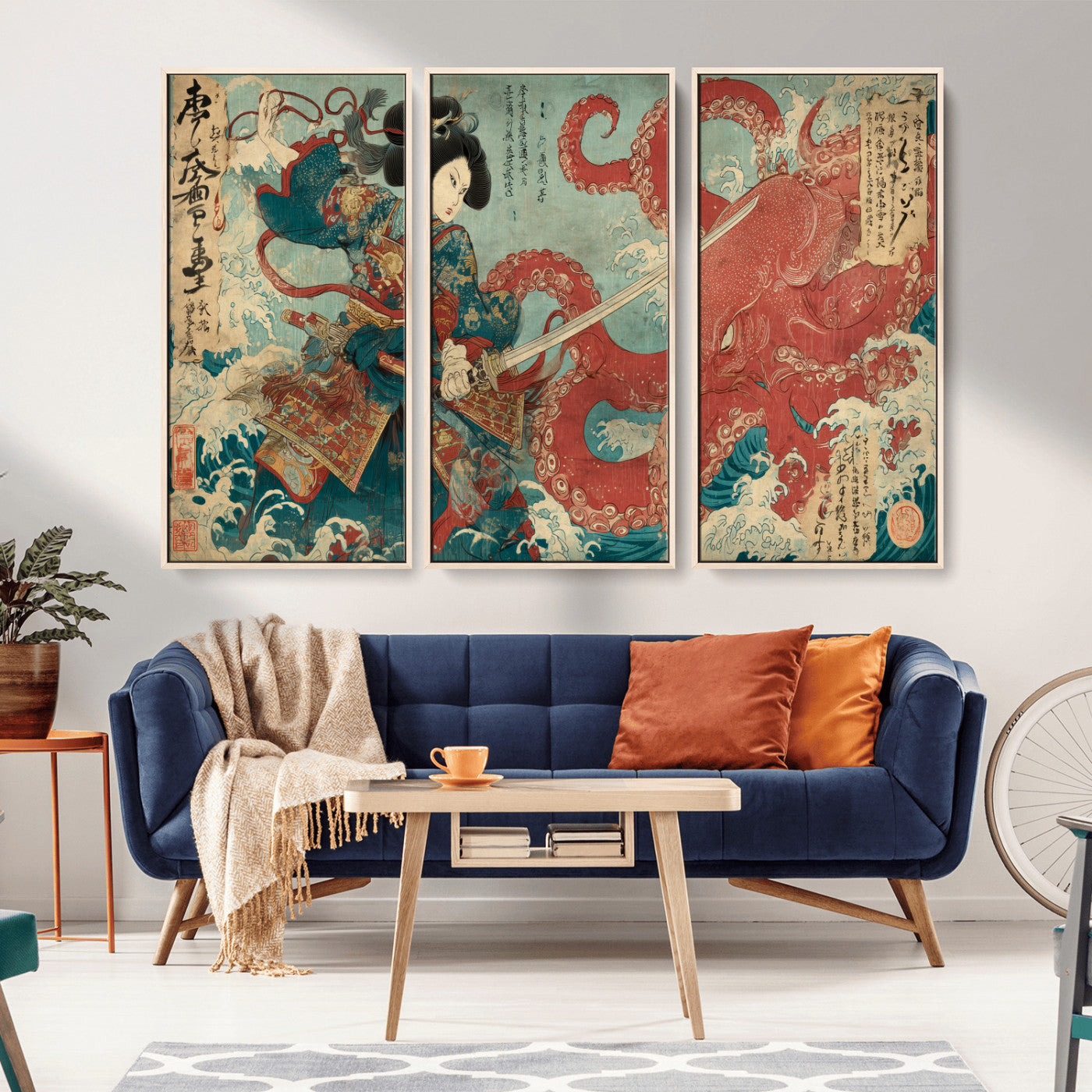Tsukioka Yoshitoshi Samurai Wall Art Print, Japanese Katana Warrior Canvas Wall Art, Octopus Sea Monster Canvas Print,