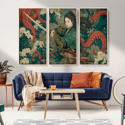 Tsukioka Yoshitoshi Samurai Wall Art Print, Japanese Katana Warrior Canvas Wall Art, Octopus Sea Monster Canvas Print,