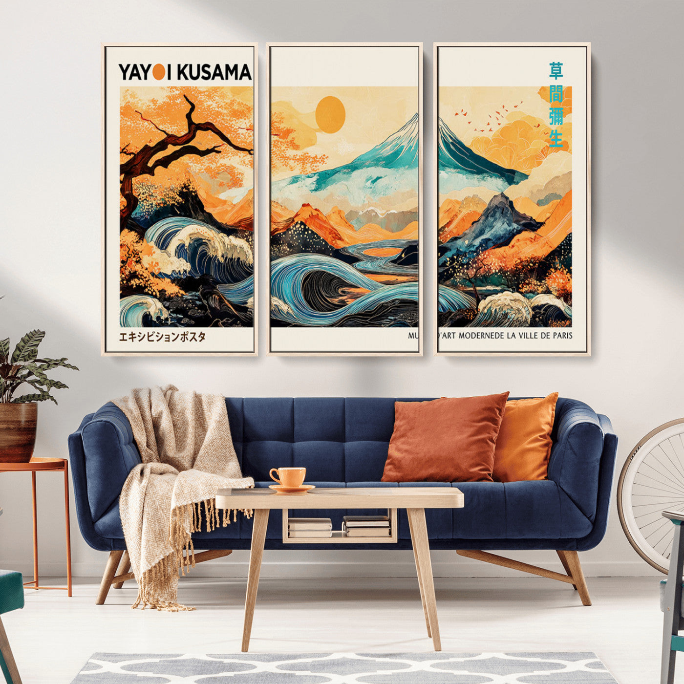 Modern Japanese-style art print featuring a stylized Mount Fuji, flowing waves, and vibrant landscapes in bold colors, inspired by traditional and contemporary aesthetics.