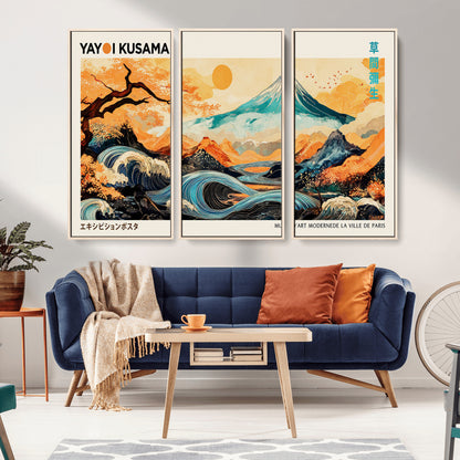 Modern Japanese-style art print featuring a stylized Mount Fuji, flowing waves, and vibrant landscapes in bold colors, inspired by traditional and contemporary aesthetics.