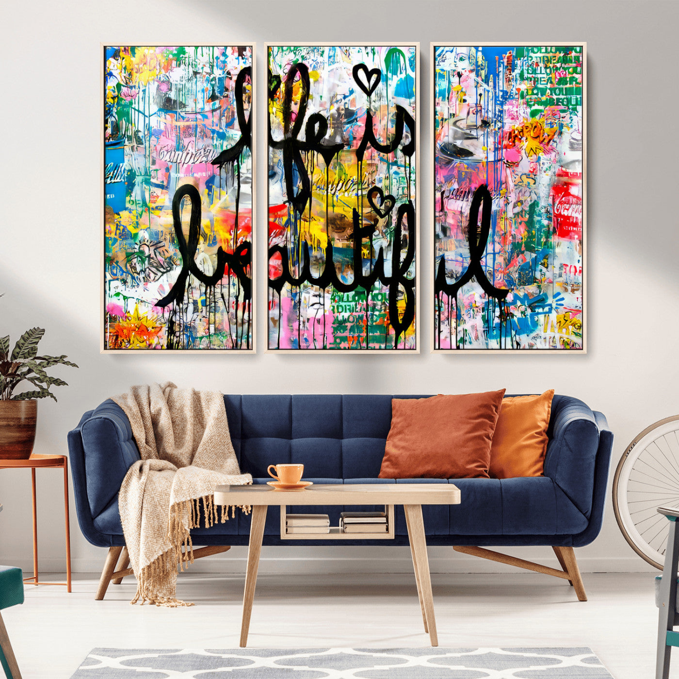 Colorful urban-style canvas with graffiti text “Life is Beautiful” in black paint, ideal for bold or street-themed home decor.