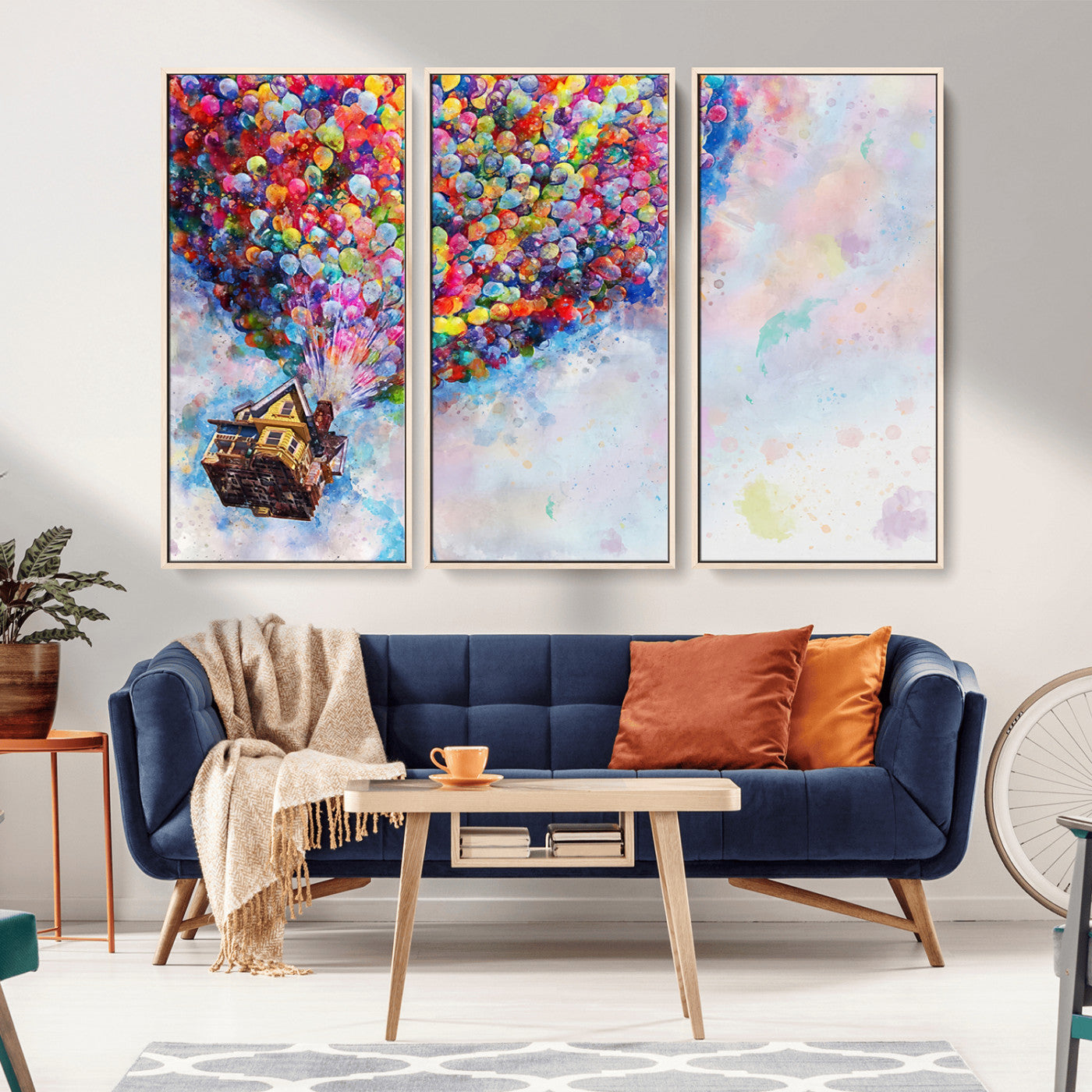 Whimsical canvas of the house from the movie Up flying with colorful balloons, ideal for Pixar or animation-themed decor.