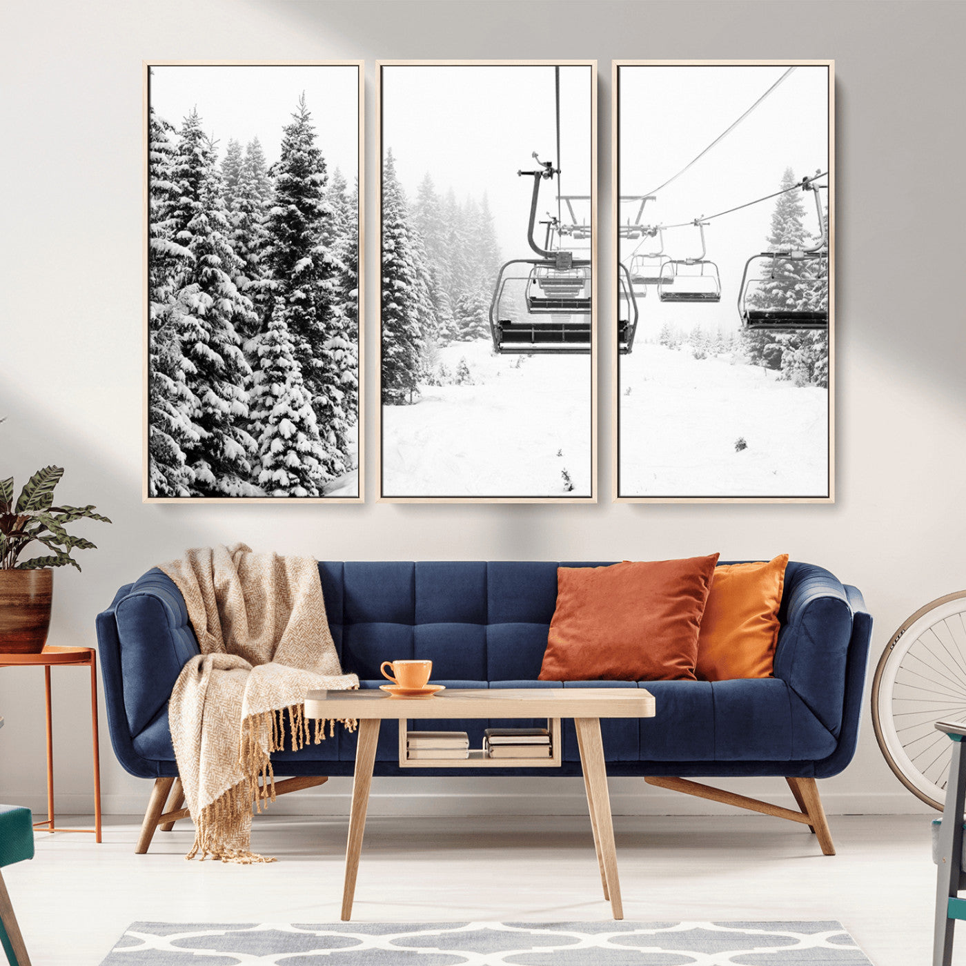 Black and white canvas of empty ski lifts over a snowy pine forest, perfect for minimal winter or ski lodge-inspired decor.