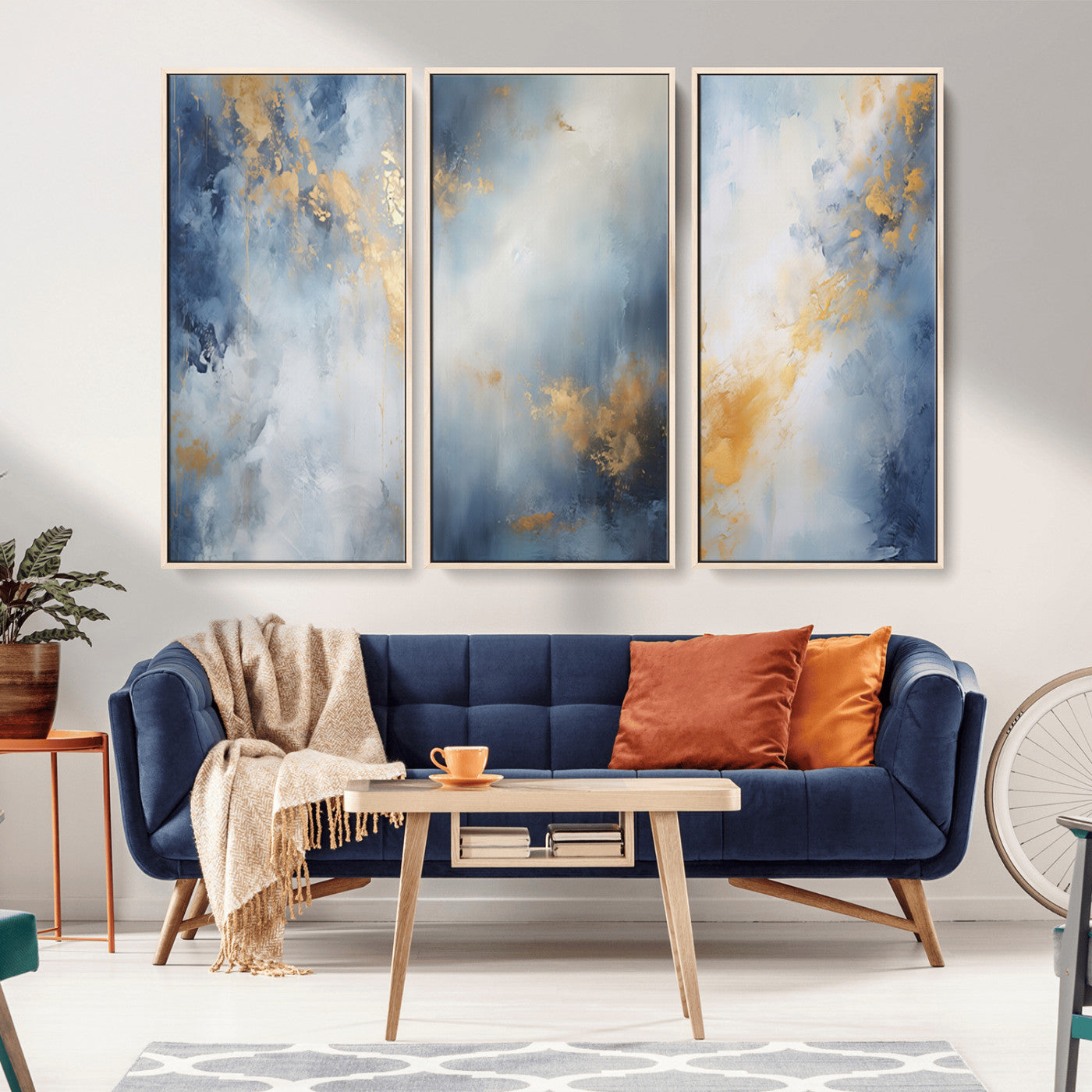 Abstract canvas art in soft blue and gold tones with textured brushstrokes, ideal for elegant or modern neutral decor spaces.
