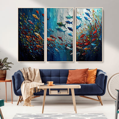 Colorful painting of fish swimming in abstract ocean swirls, perfect for vibrant marine-themed or expressive coastal home decor.