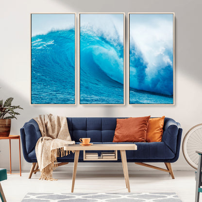 Vibrant canvas of a powerful curling ocean wave in tropical blue tones, perfect for coastal or surf-inspired decor settings.