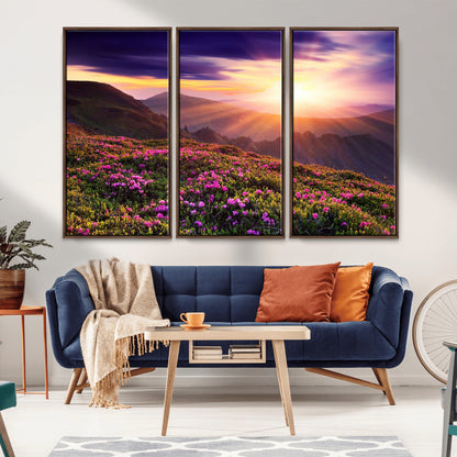 -Mountain Sunrise Wall Art – Vibrant Floral Landscape Canvas Print, Nature Home Decor for Living Room, Bedroom Office or Cabin