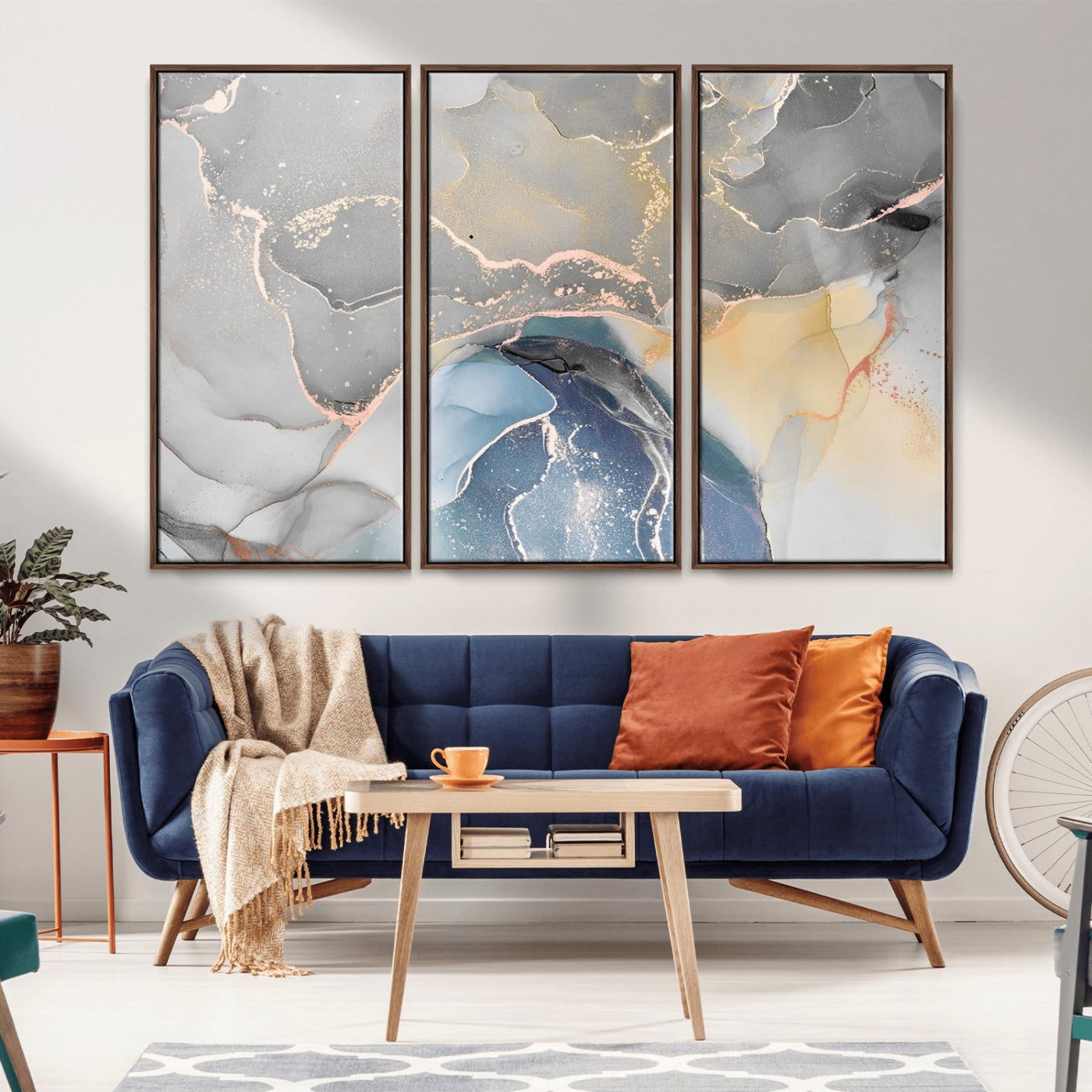 -Abstract Fluid Art Wall Decor – Blue, Gray & Gold Canvas Print, Modern Home and Office Wall Art Decor for Living Room, Bedroom or Workspace