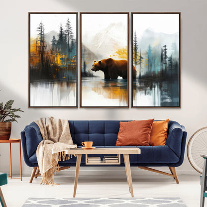A majestic bear stands by the serene waters of a misty forest, surrounded by towering trees and distant mountains, evoking the raw beauty and wild spirit of nature.