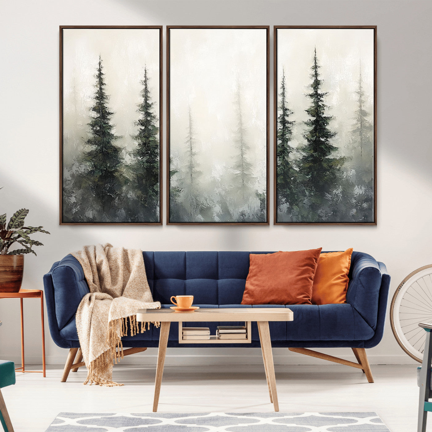 Soft and misty pine forest painting in neutral earthy tones, ideal for calm woodland or minimalist rustic home decor.