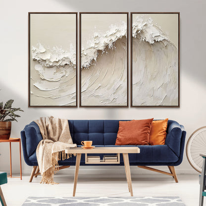 Textured canvas of an abstract white ocean wave in neutral tones, ideal for modern coastal or minimalist home decor.