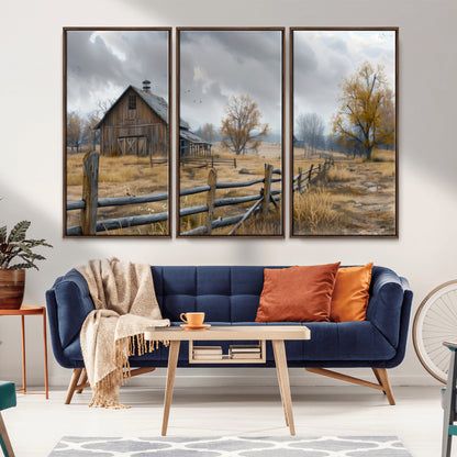 A tranquil rural scene featuring a rustic barn, overcast skies, and golden fields with scattered trees, evoking a sense of peaceful solitude in nature.