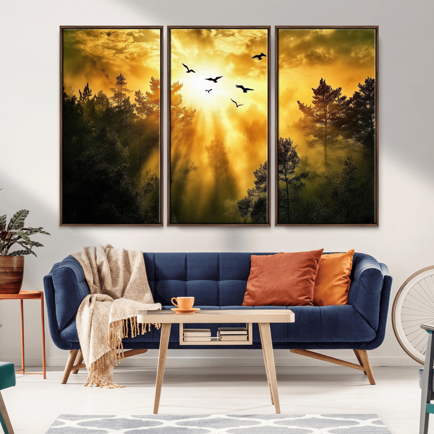 Canvas of a golden forest at sunset with birds flying through glowing sunbeams and silhouetted pine trees, ideal for warm-toned rustic decor.