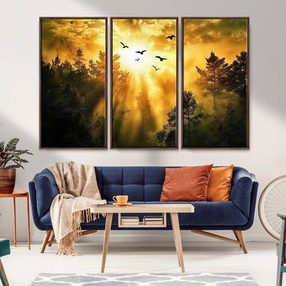 Canvas of a golden forest at sunset with birds flying through glowing sunbeams and silhouetted pine trees, ideal for warm-toned rustic decor.