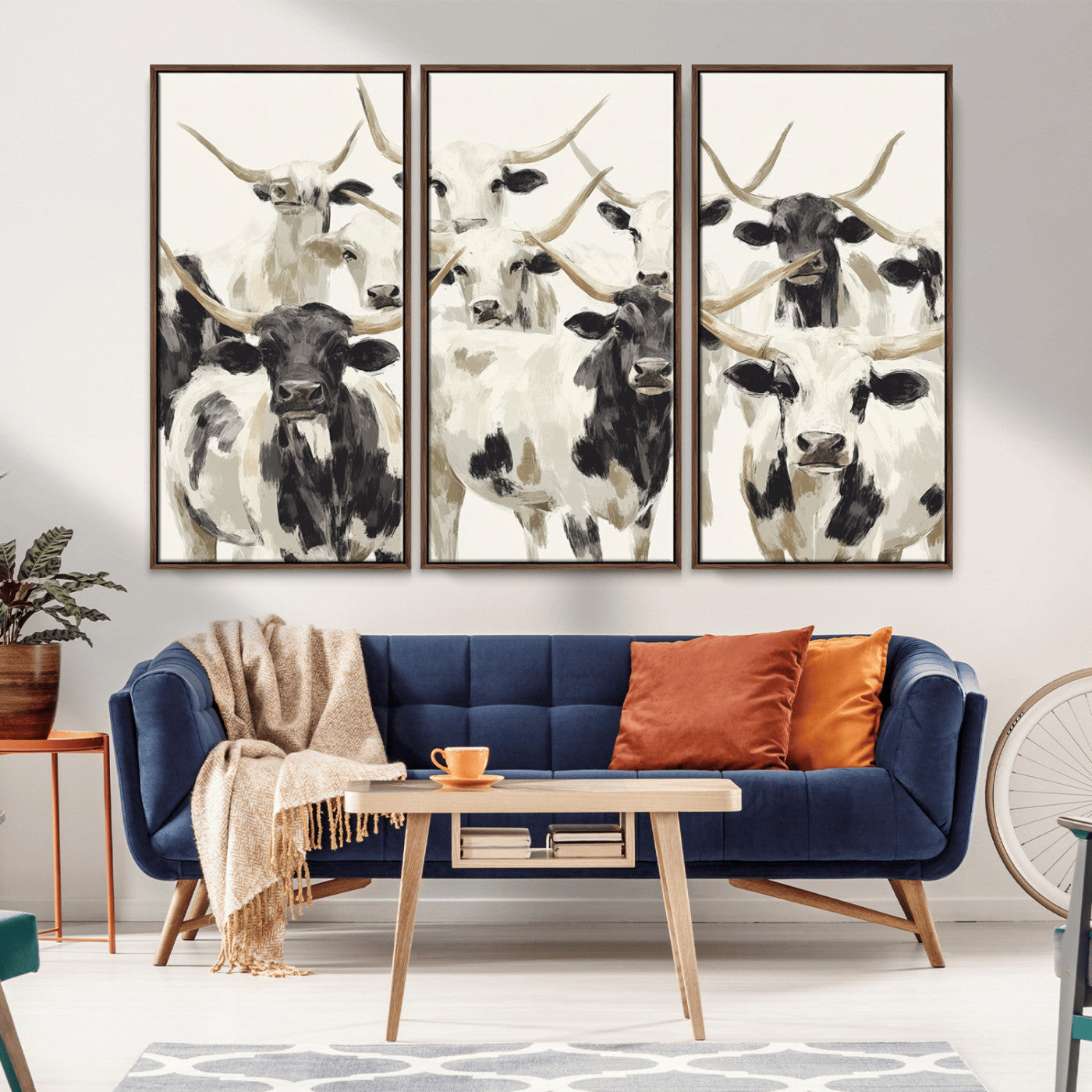 Canvas of a Texas Longhorn cattle herd in neutral black and white tones, ideal for rustic farmhouse or western-themed decor.