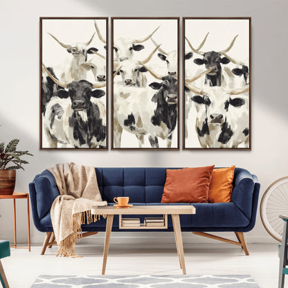 Canvas of a Texas Longhorn cattle herd in neutral black and white tones, ideal for rustic farmhouse or western-themed decor.