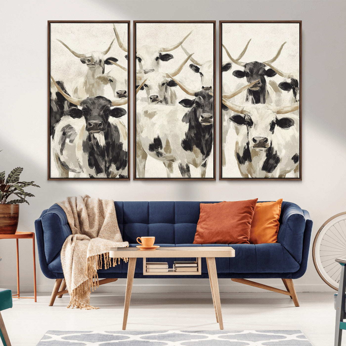 Canvas of a Texas Longhorn cattle herd in neutral black and white tones, ideal for rustic farmhouse or western-themed decor.