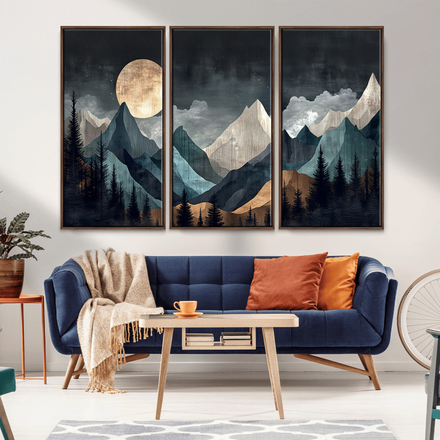 Stylized canvas of layered mountains under a full moon in neutral moody tones, ideal for nature-inspired or modern rustic interiors.