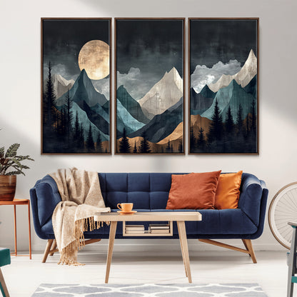 Stylized canvas of layered mountains under a full moon in neutral moody tones, ideal for nature-inspired or modern rustic interiors.