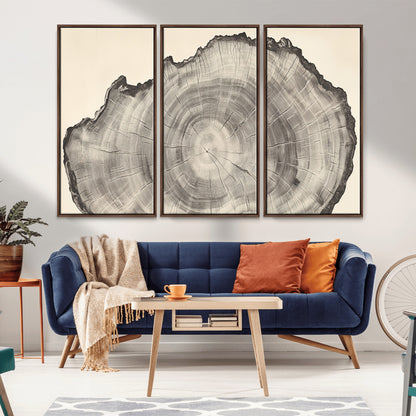 Detailed tree ring drawing in monochrome tones, ideal for rustic or nature-inspired interiors with a minimal decor aesthetic.