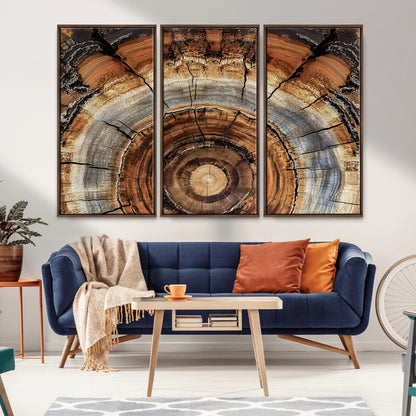 Canvas of tree rings and natural wood grain in earthy tones, ideal for rustic or vintage-inspired home decor with organic textures.