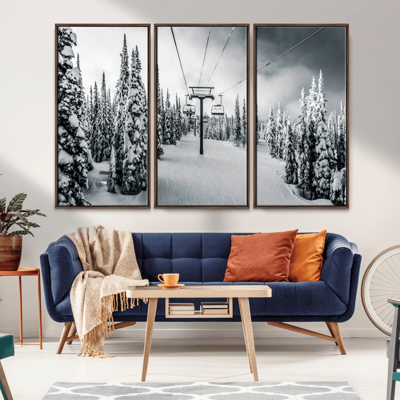 Canvas of a snowy ski lift scene through a forest of tall pine trees, ideal for moody winter or alpine-themed home decor.