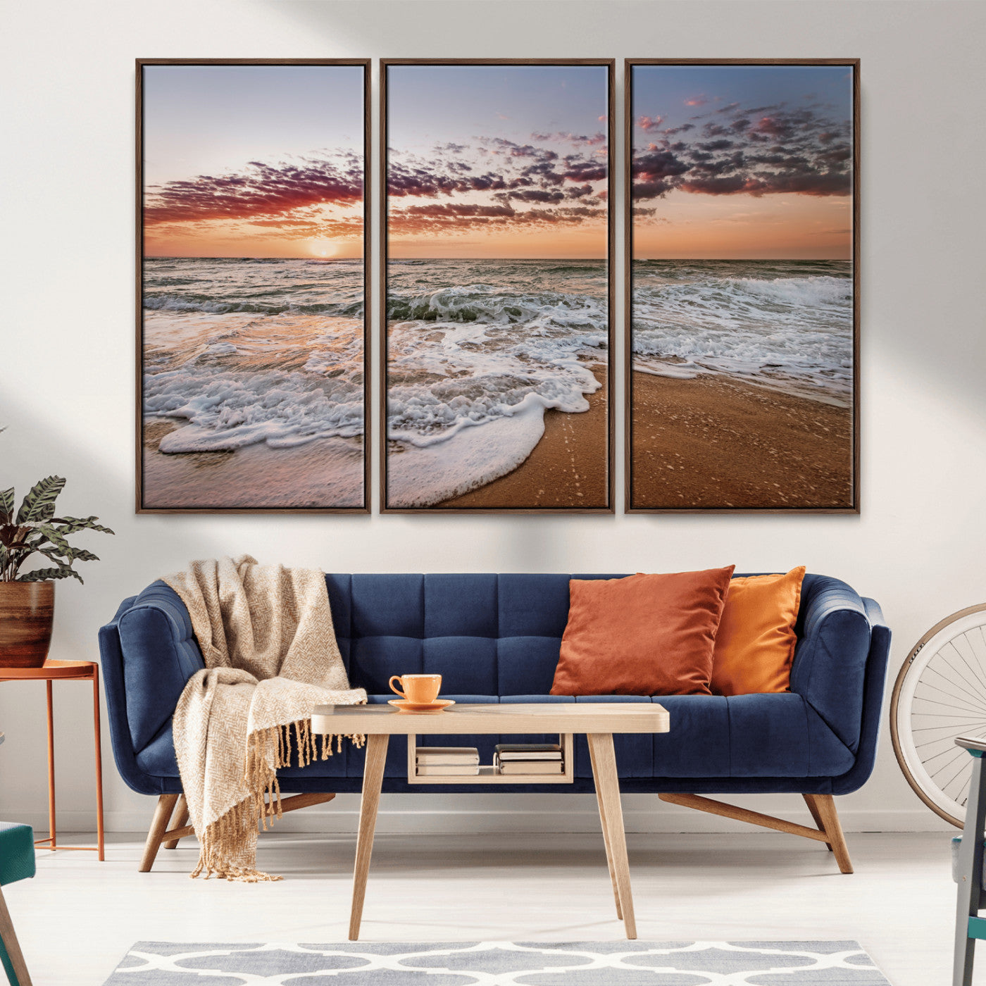 Canvas of a sunset over a foamy ocean shore with warm light and gentle waves, ideal for coastal or beach-themed home decor.