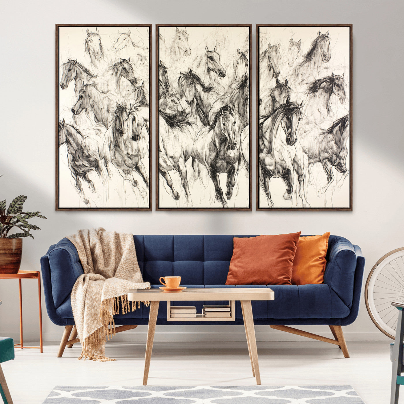 Monochrome ink sketch of galloping horses in dynamic motion, perfect for western or equine-themed wall decor with bold artistic energy.