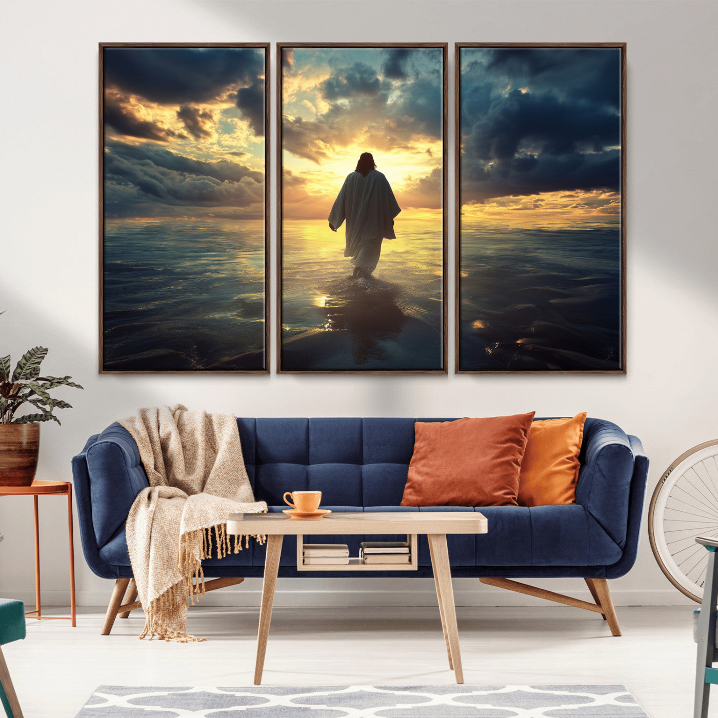 Spiritual artwork of Jesus walking on water at golden hour with divine light, ideal for Christian home decor or prayer room.