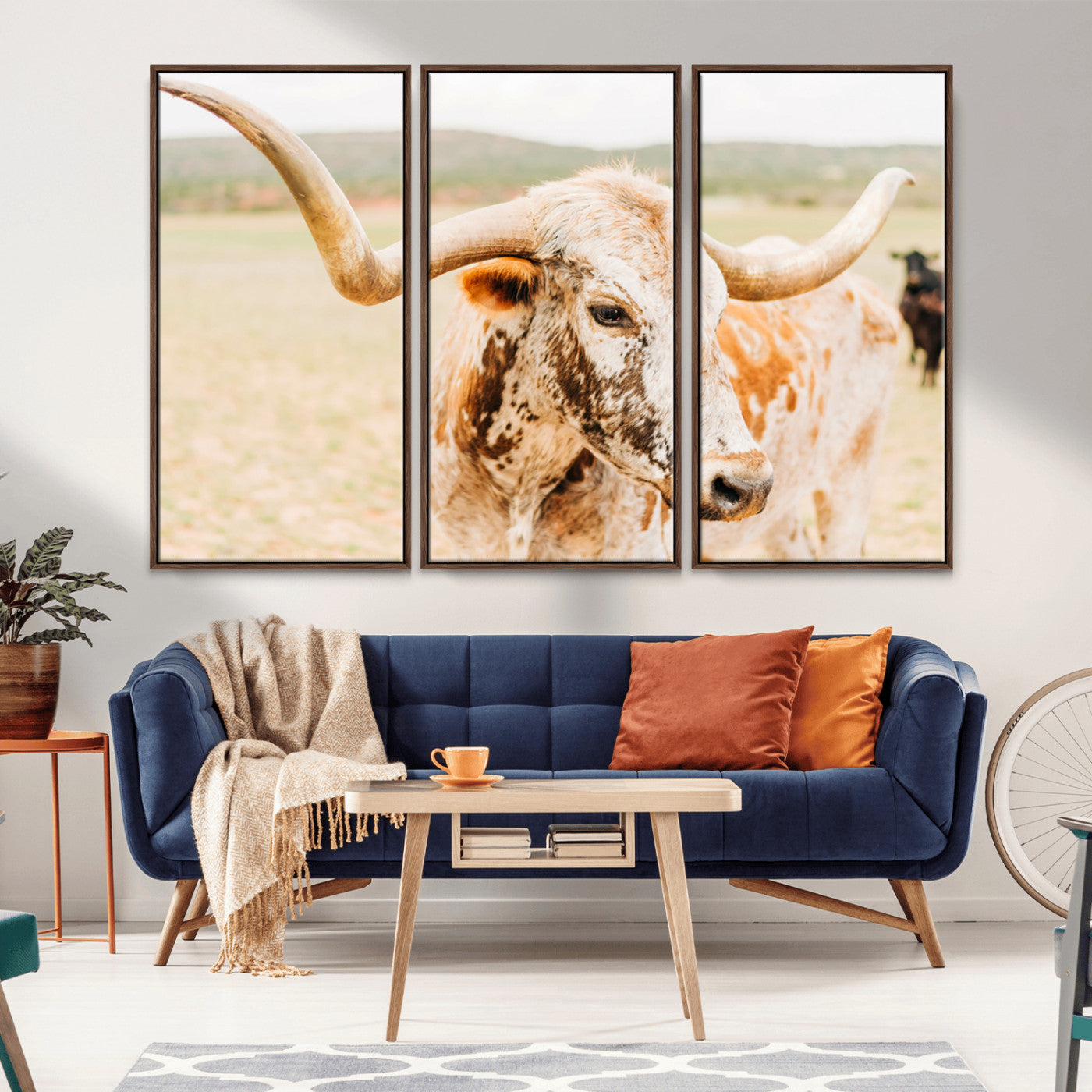 Close-up of a speckled Texas Longhorn in warm prairie tones, perfect for rustic western or countryside-themed room decor.