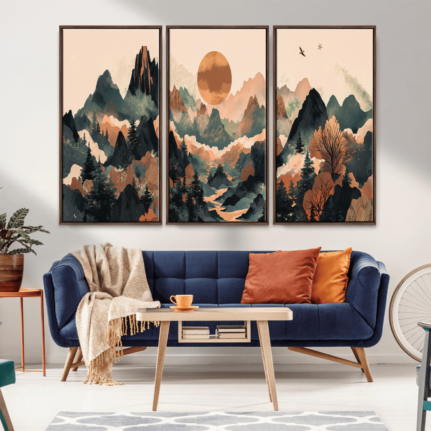 Mountain Landscape Wall Art Print - Sunset Hills Canvas Print, featuring an abstract nature scene with earthy tones and misty peaks, perfect for boho and modern decor.
