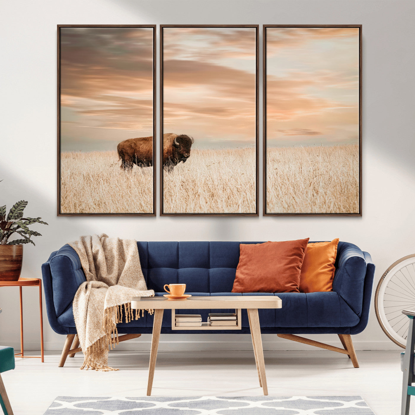Bison Wall Art Print - Buffalo Canvas Print, featuring a lone bison in a golden prairie under a warm sunset sky, perfect for rustic and farmhouse decor.