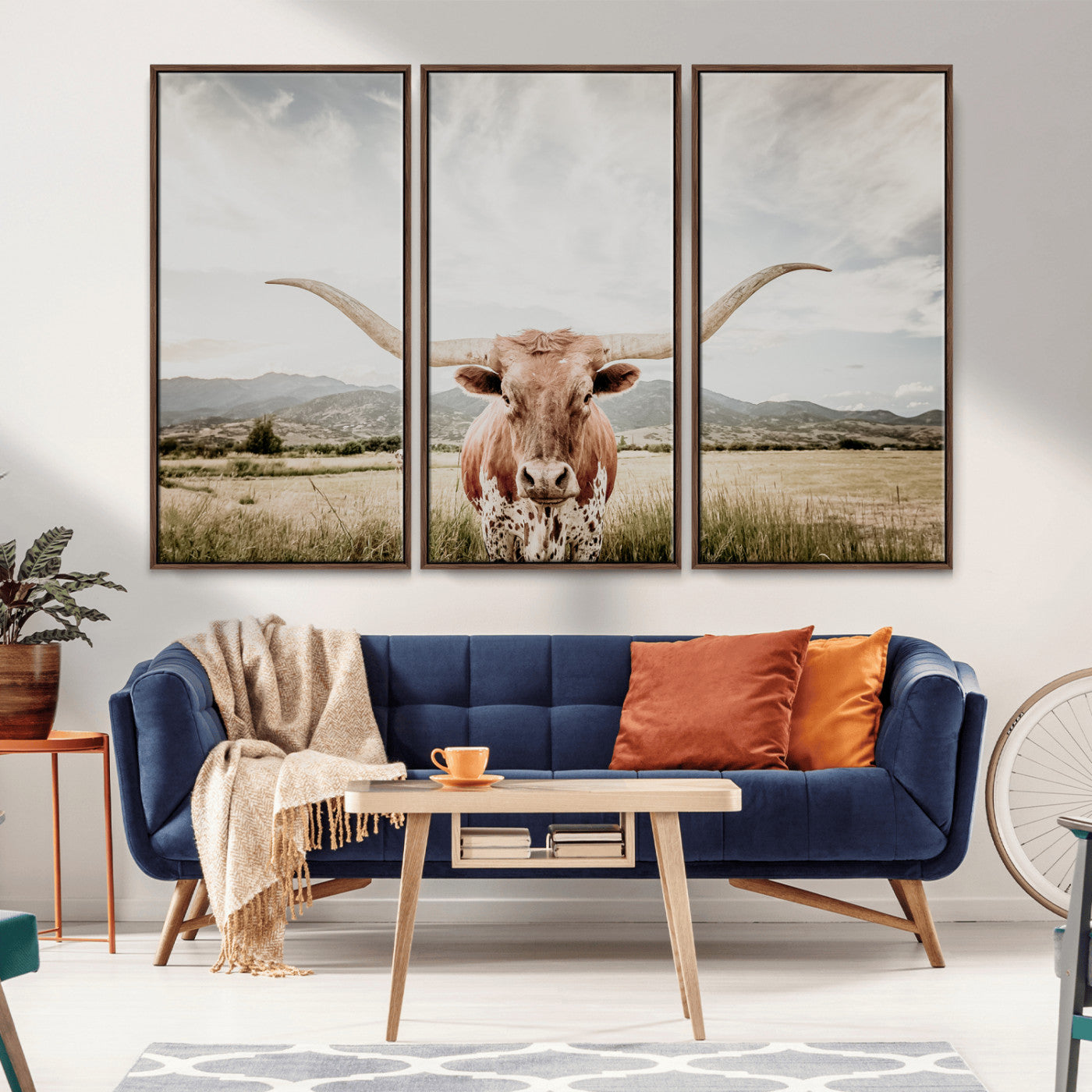 Longhorn Wall Art Print - Western Cow Canvas Print, featuring a majestic Texas longhorn in a rustic prairie setting, perfect for farmhouse and western decor.