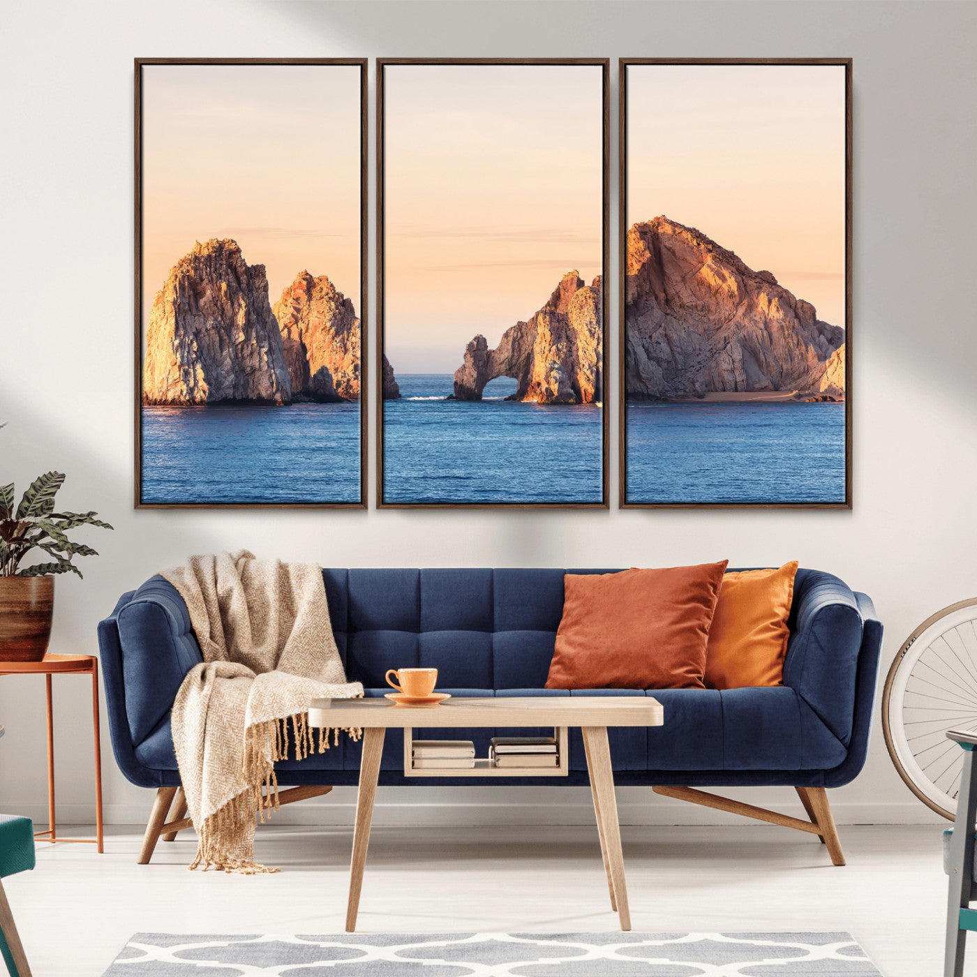 Framed canvas of El Arco rock formation in Cabo San Lucas at golden hour, ideal for coastal landmark or ocean-inspired decor.