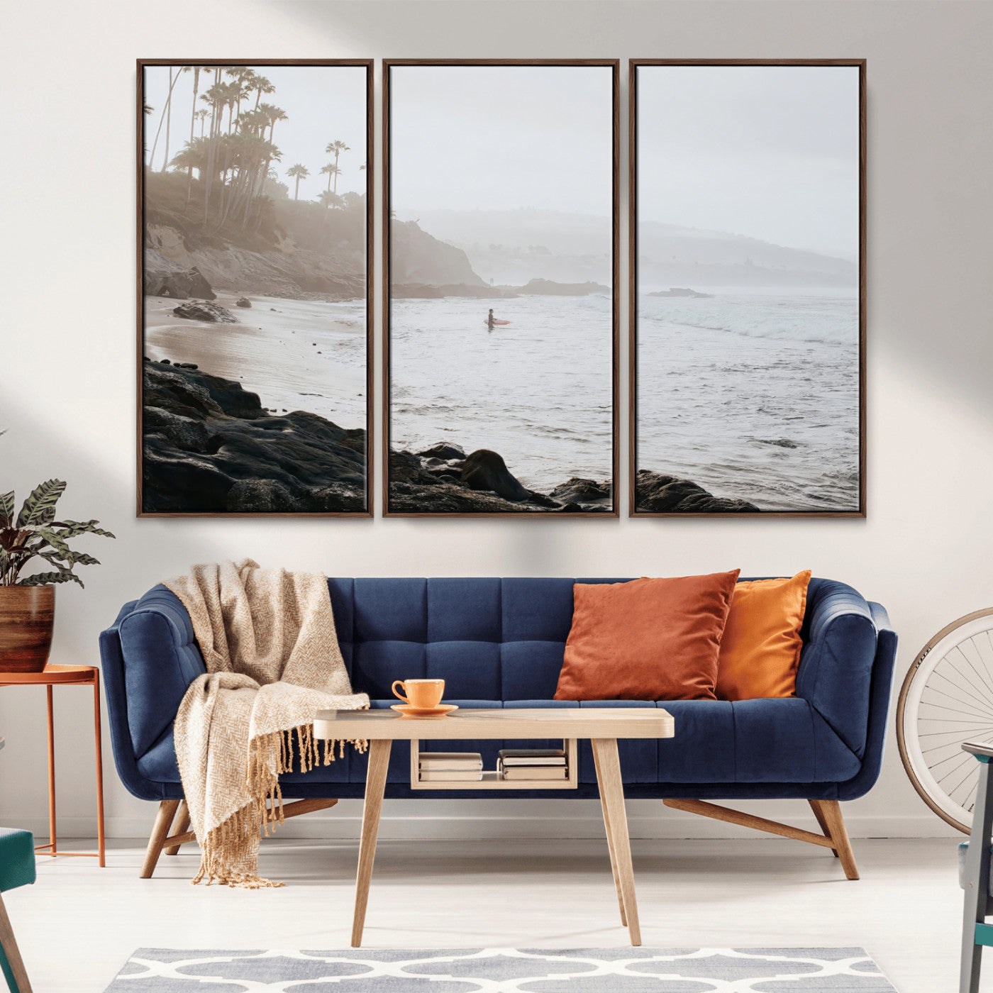 Framed canvas of a surfer in misty coastal tones at a foggy California beach, ideal for minimalist coastal beach or serene ocean-themed decor.