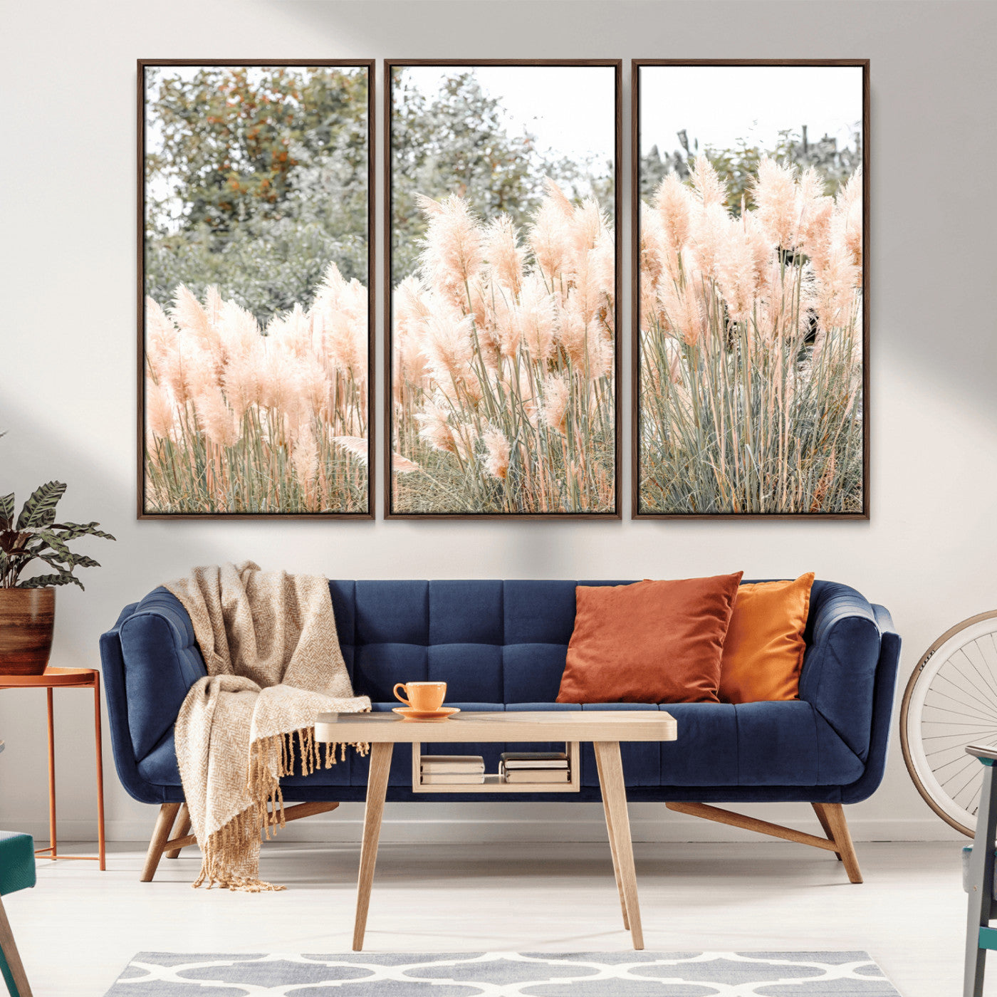 Soft pastel pampas grasses in a natural setting, ideal for neutral boho or rustic botanical-style interior wall decoration.