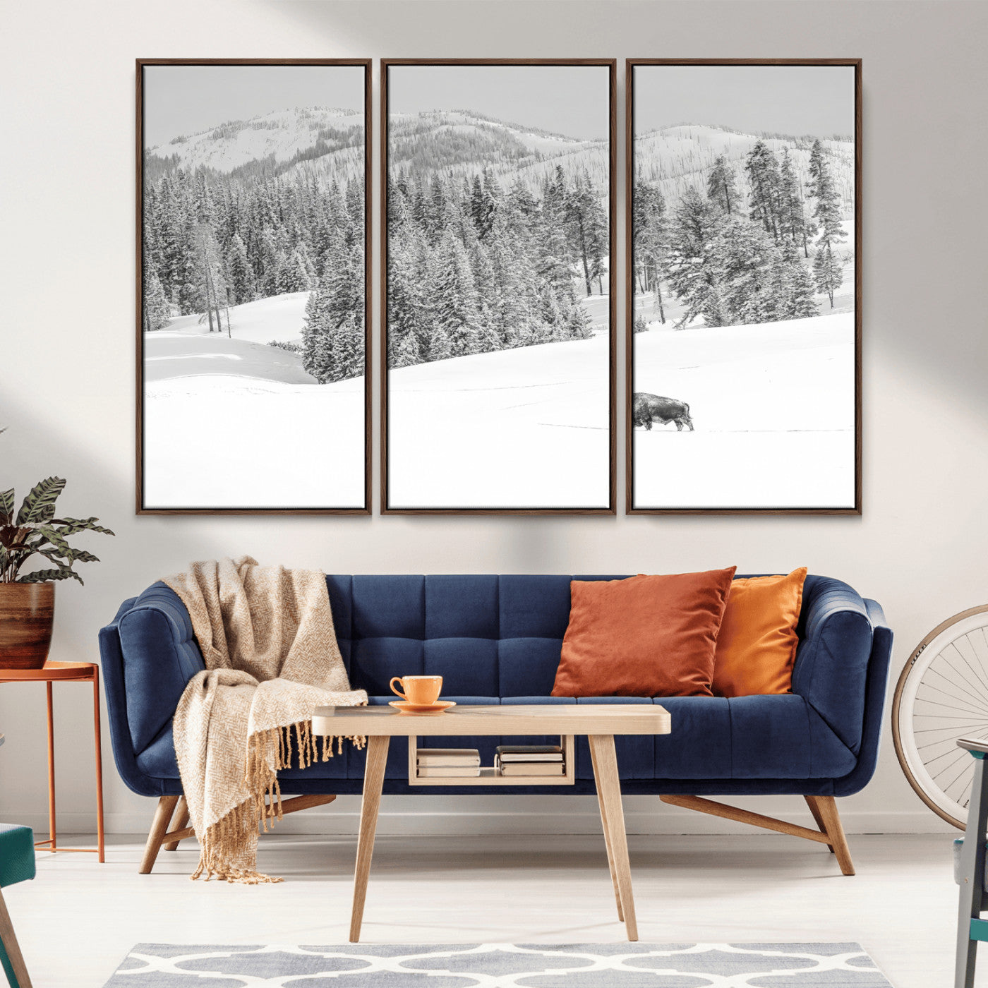 Snowy bison walking through white forest landscape, ideal for monochrome winter or wilderness-style interior wall decoration.