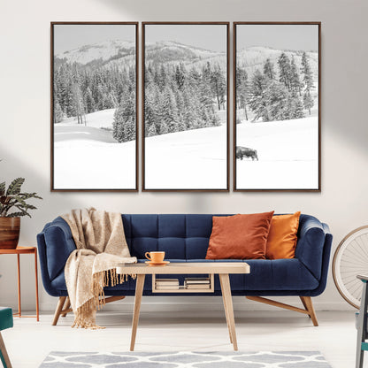 Snowy bison walking through white forest landscape, ideal for monochrome winter or wilderness-style interior wall decoration.